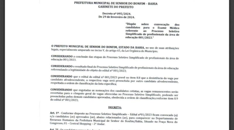 Prefeitura de Senhor do Bonfim convoca novos aprovados no Processo Seletivo da Educação