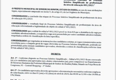 Prefeitura de Senhor do Bonfim informa a convocação de 10 aprovados no Processo Seletivo 001/2023 da Educação e mais 3 convocados para exame médico