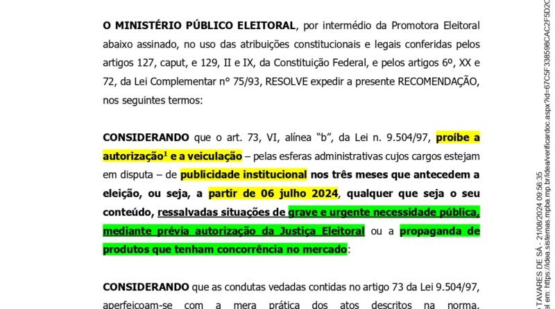 IMPORTANTE: Recomendação Promotoria Eleitoral da 0045ª Zona Eleitoral – Senhor do Bonfim